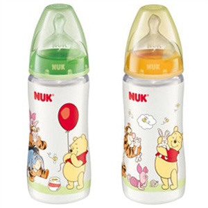 NUK300ML 迪士尼维尼 PP奶瓶 （带1号标准口径中圆孔硅胶仿真通气奶嘴）(多种颜色随机发货)