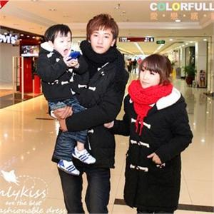 onlykiss 长袖系扣带帽长款棉服亲子装情侣装外套OKD964 黑
